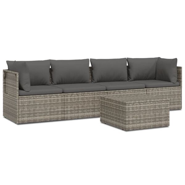 vidaXL Set Divani da Giardino 5 pz con Cuscini in Polyrattan Grigio