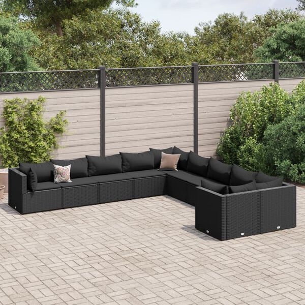 vidaXL Set Divani da Giardino 10pz con Cuscini in Polyrattan Nero