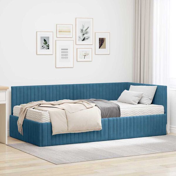 vidaXL Struttura Letto Angolare con Materasso 2 pcs Blu Velluto