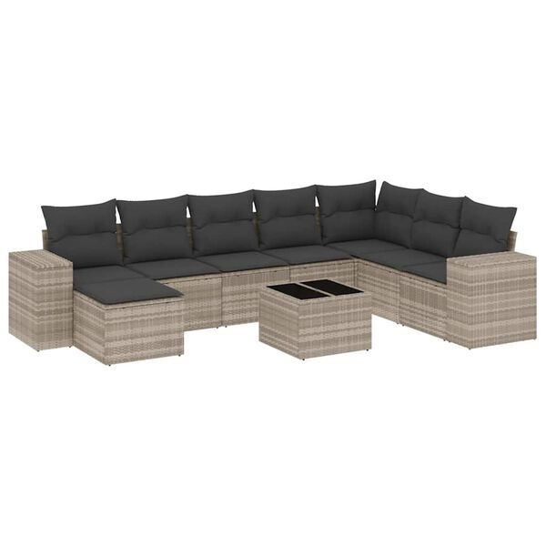vidaXL Set Divano da Giardino 9pz con Cuscini Grigio Chiaro Polyrattan