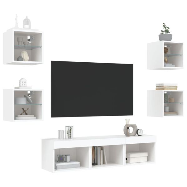 vidaXL Mobili TV a Muro con LED 7pz Bianchi in Legno Multistrato