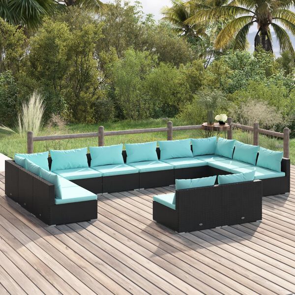 vidaXL Set Divani da Giardino 12 pz con Cuscini in Polyrattan Nero