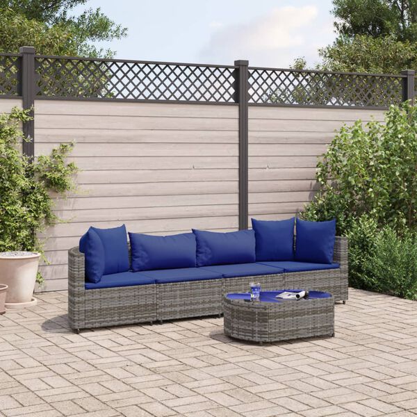 vidaXL Set Divano da Giardino 5 pz con Cuscini Grigio in Polyrattan