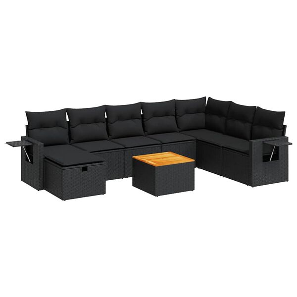 vidaXL Set Divani da Giardino 9 pz con Cuscini Nero in Polyrattan