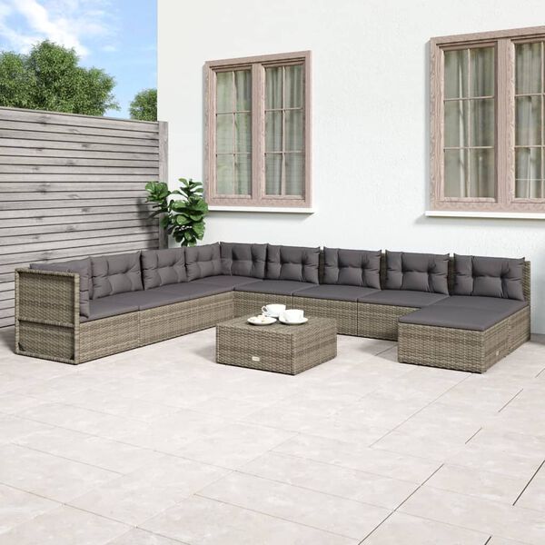 vidaXL Set Divani da Giardino 9 pz con Cuscini in Polyrattan Grigio