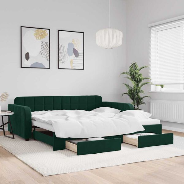 vidaXL Divano Letto Estraibile Cassetti Verde Scuro 100x200cm Velluto