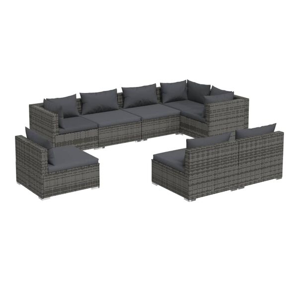 vidaXL Set Divani da Giardino 8 pz con Cuscini in Polyrattan Grigio