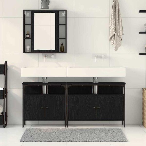 vidaXL Unit&agrave; da Bagno con lo scaffale 3 pcs Nero Legno multistrato