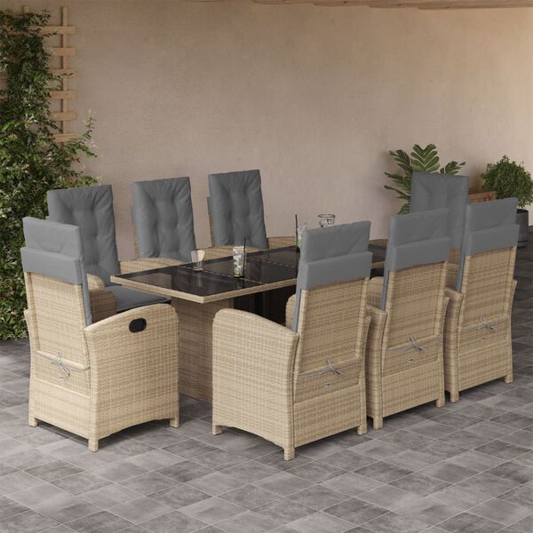 vidaXL Set Pranzo da Giardino 9 pz con Cuscini Beige Misto Polyrattan