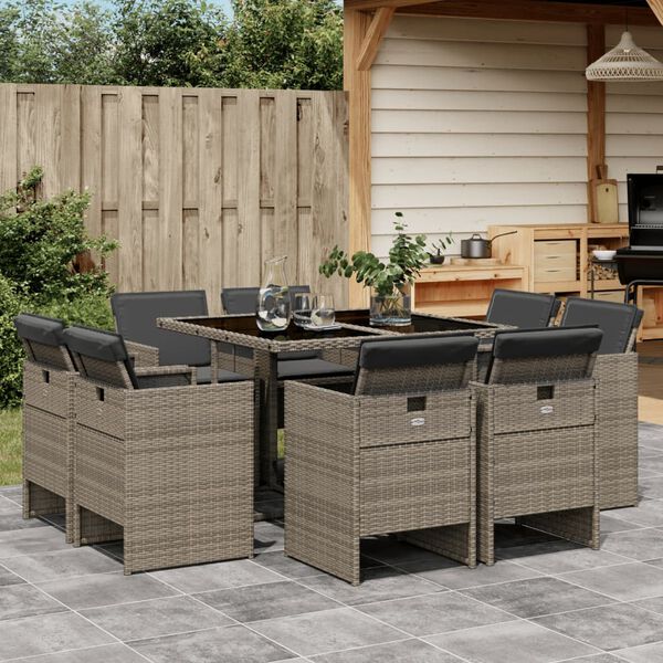 vidaXL Set da Pranzo da Giardino 9 pz con Cuscini in Polyrattan Grigio