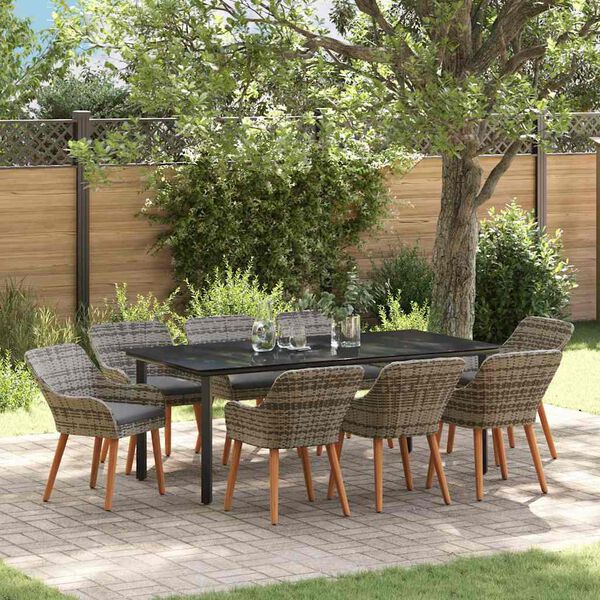 vidaXL Set da Pranzo per Giardino con cuscino 9 pcs Grigio polyrattan
