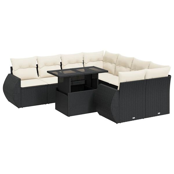 vidaXL Set Divani da Giardino 9 pz con Cuscini Nero in Polyrattan
