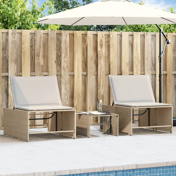 vidaXL Lettini prendisole 2 pz con tavolo beige in polyrattan