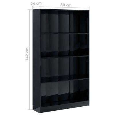 vidaXL Libreria 4 Ripiani Nero Lucido 80x24x142 cm Legno Multistrato