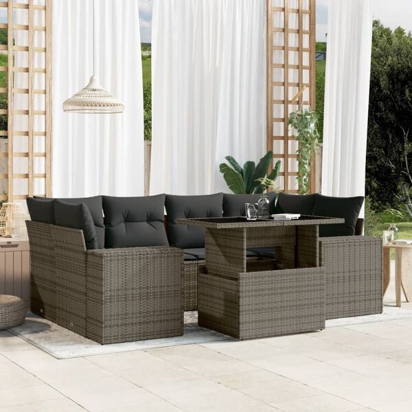 vidaXL Set Divani da Giardino 7 pz con Cuscini Grigio in Polyrattan
