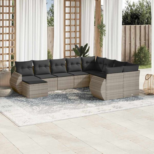 vidaXL Set Divano Giardino 10 pz con Cuscini Grigio Chiaro Polyrattan
