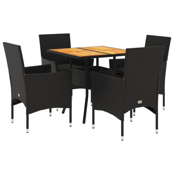 vidaXL Set Pranzo da Giardino 5 pz con Cuscini Nero Polyrattan Acacia
