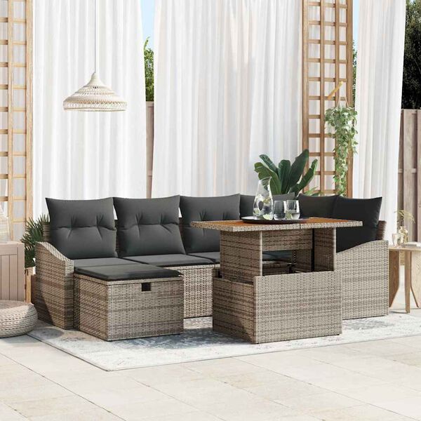 vidaXL Set Divano da Giardino con cuscino 7 pcs Grigio Poly Rattan