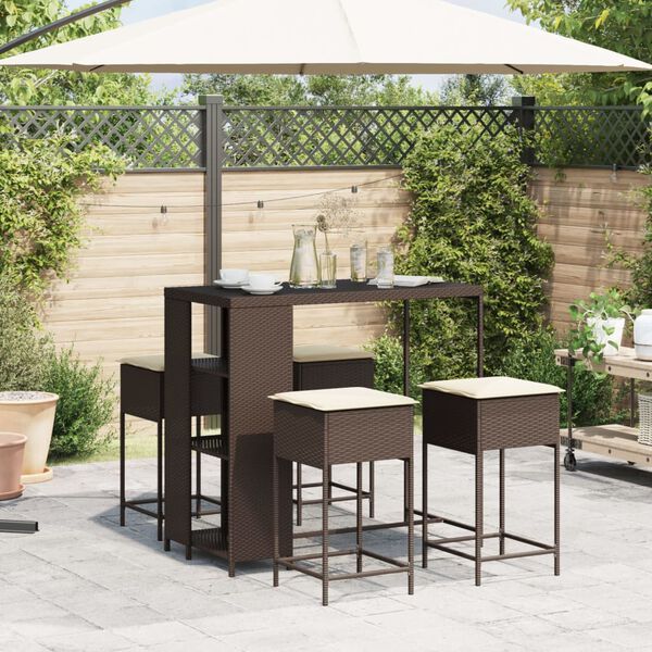 vidaXL Set Bar da Giardino 5 pz con Cuscini in Polyrattan Marrone