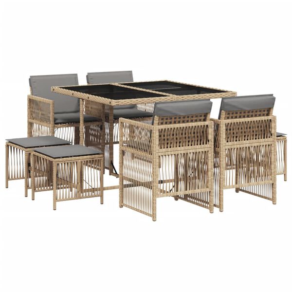 vidaXL Set Pranzo da Giardino 9 pz con Cuscini Beige Misto Polyrattan