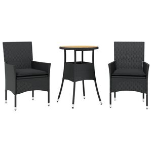 vidaXL Set Pranzo da Giardino 3 pz con Cuscini Nero Polyrattan Acacia