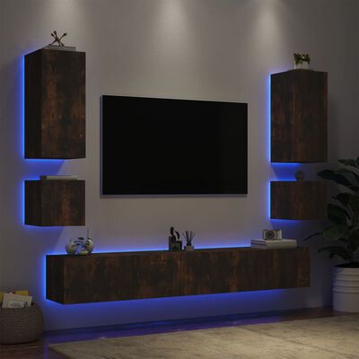 vidaXL Mobili TV a Muro 6pz con Luci LED Rovere Fumo