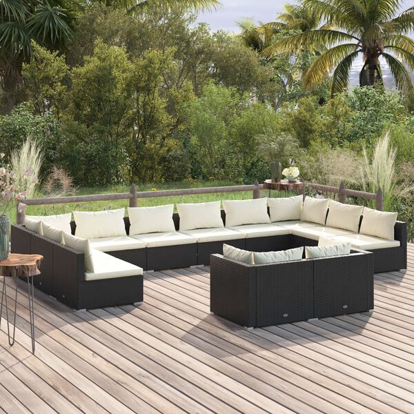 vidaXL Set Divani da Giardino 12 pz con Cuscini in Polyrattan Nero