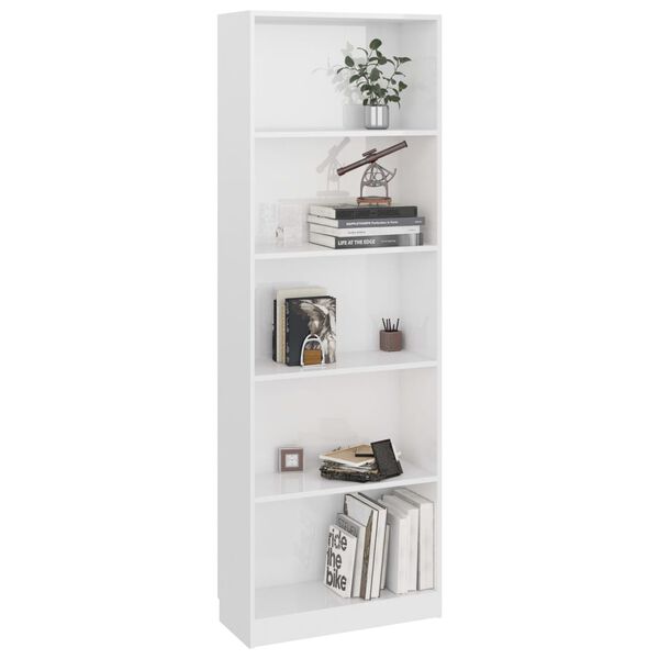vidaXL Libreria 5 Ripiani Bianco Lucido 60x24x175 cm Legno Multistrato