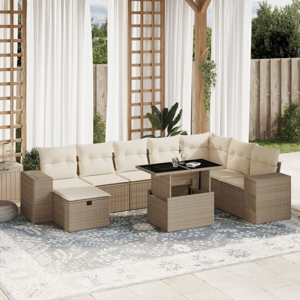 vidaXL Set Divano da Giardino 9 pz con Cuscini Beige in Polyrattan