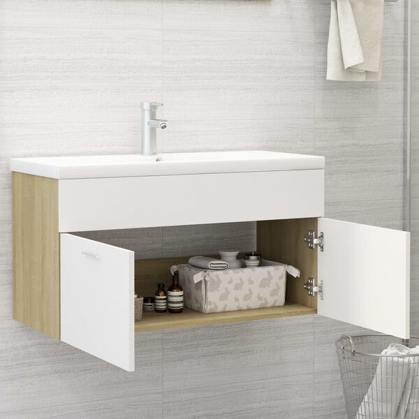 vidaXL Mobile da Bagno con Lavabo Bianco e Rovere Sonoma in Truciolato