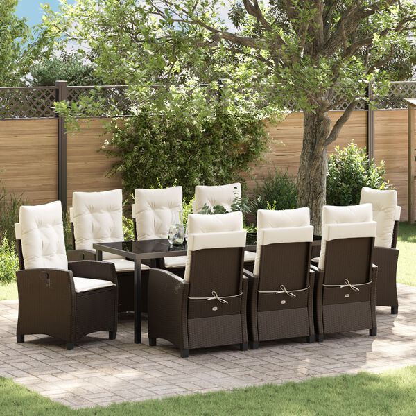 vidaXL Set da Pranzo per Giardino con cuscino 9 pcs Marrone polyrattan