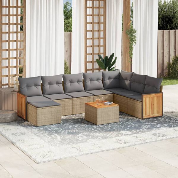vidaXL Set Divano da Giardino 9 pz con Cuscini Beige in Polyrattan
