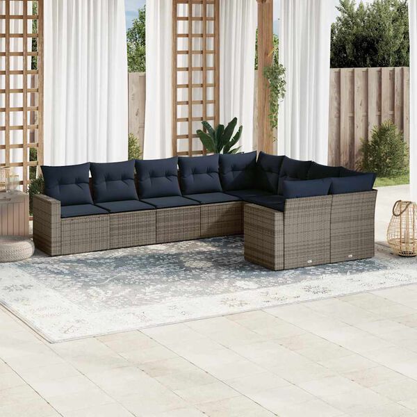 vidaXL Set Divani da Giardino 9 pz con Cuscini Grigio in Polyrattan
