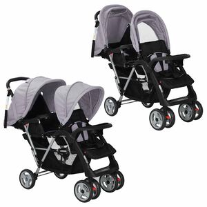 vidaXL Passeggino Gemellare a Tandem in Acciaio Grigio e Nero
