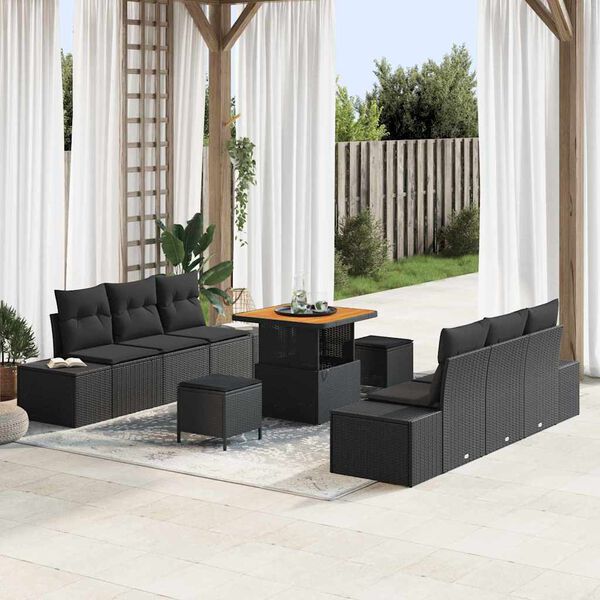 vidaXL Set Divano da Giardino con cuscino 9 pcs Nero Poly Rattan
