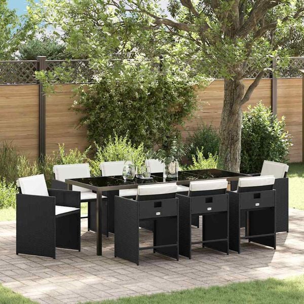 vidaXL Set da Pranzo per Giardino con cuscino 9 pcs Nero polyrattan