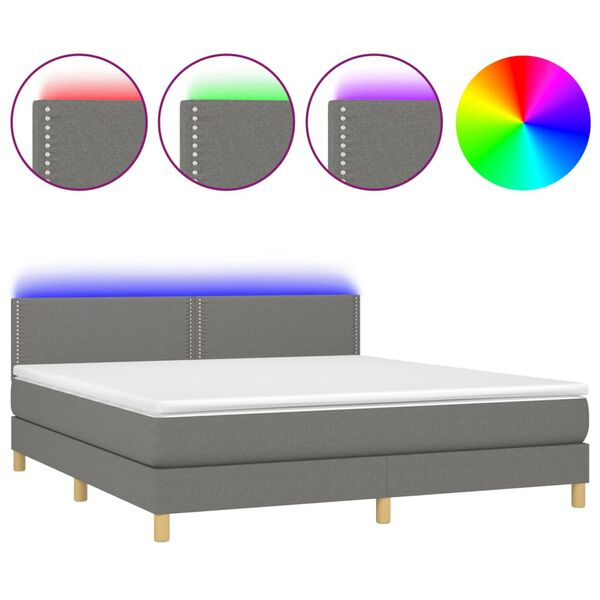 vidaXL Letto a Molle Materasso e LED Grigio Scuro 180x200cm in Tessuto
