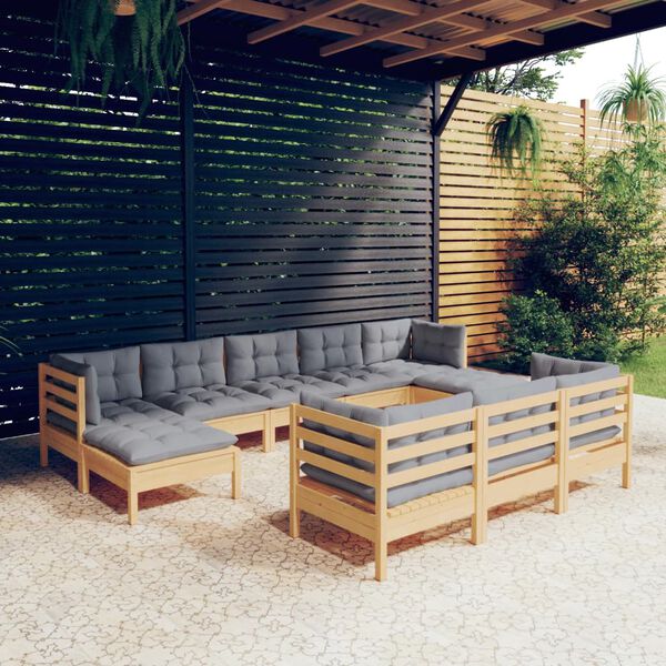vidaXL Set Divani da Giardino 10 pz con Cuscini Grigi Massello di Pino