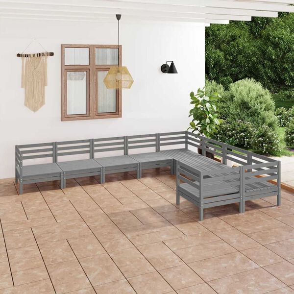 vidaXL Set Salotto da Giardino 9 pz Grigio in Legno Massello di Pino