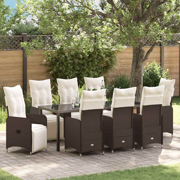 vidaXL Set da Pranzo per Giardino con cuscino 9 pcs Marrone polyrattan
