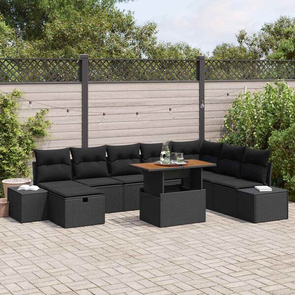 vidaXL Set Divano da Giardino con cuscino 9 pcs Nero Poly Rattan