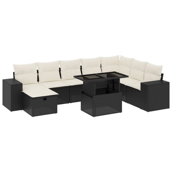 vidaXL Set Divani da Giardino 9 pz con Cuscini Nero in Polyrattan