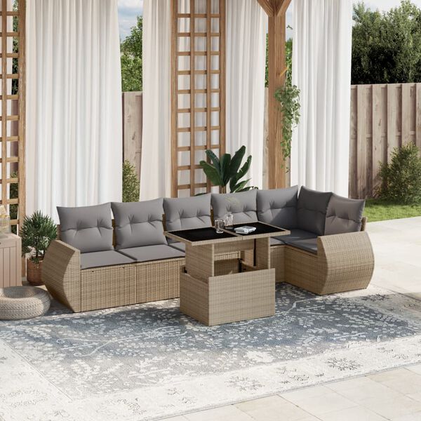 vidaXL Set Divani da Giardino 7 pz con Cuscini Beige in Polyrattan