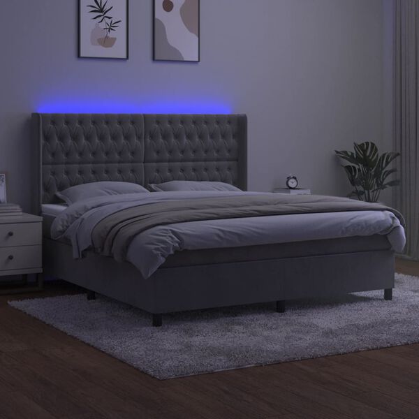 vidaXL Letto a Molle Materasso e LED Grigio Chiaro 180x200 cm Velluto
