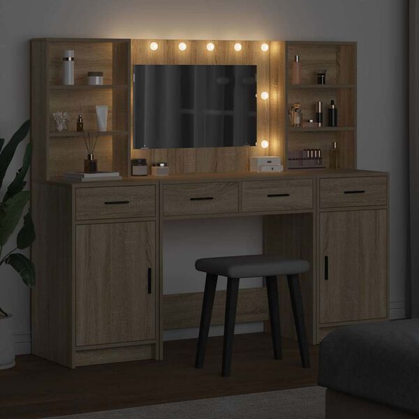 vidaXL Set da tavolo da trucco con LED con porta 3 pcs Rovere Sonoma