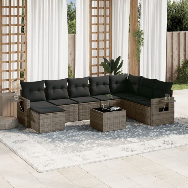 vidaXL Set Divano da Giardino 9 pz con Cuscini Grigio in Polyrattan