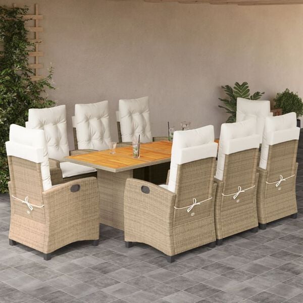 vidaXL Set da Pranzo da Giardino 9 pz con Cuscini Beige in Polyrattan