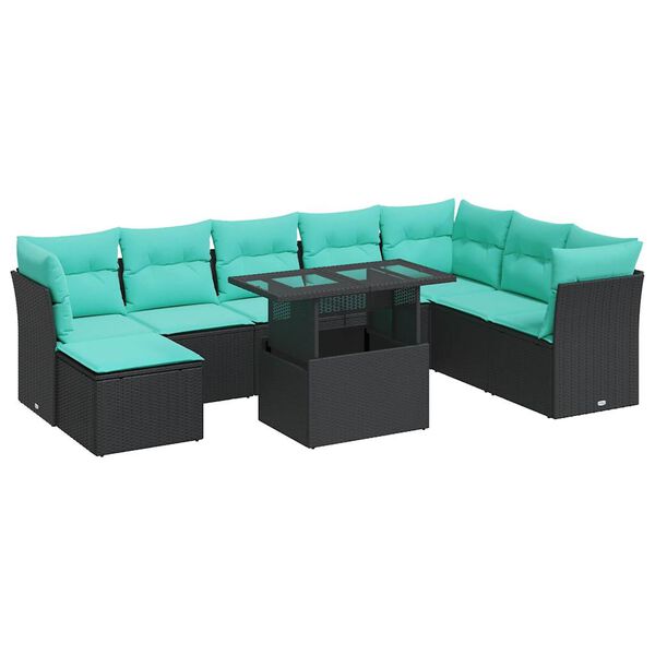 vidaXL Set Divani da Giardino 9 pz con Cuscini Nero Polyrattan Acacia