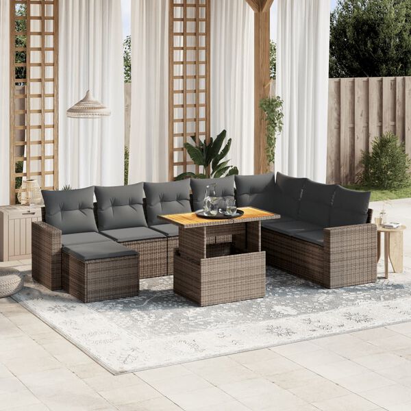 vidaXL Set Divano da Giardino 9 pz con Cuscini Grigio in Polyrattan