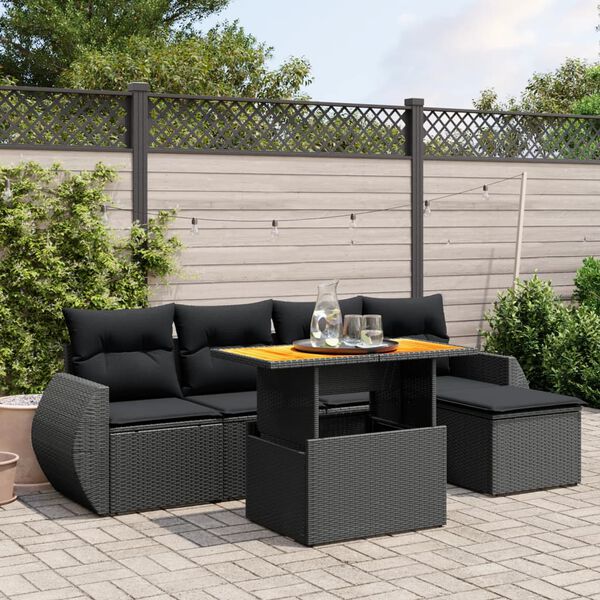 vidaXL Set Divano da Giardino 6 pz con Cuscini Nero in Polyrattan